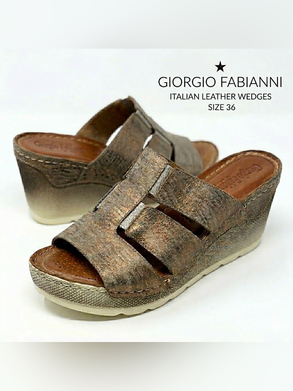 Giorgio Fabiani Italian Leather Wedge Sandals Metallic Bronze Gold Size 36